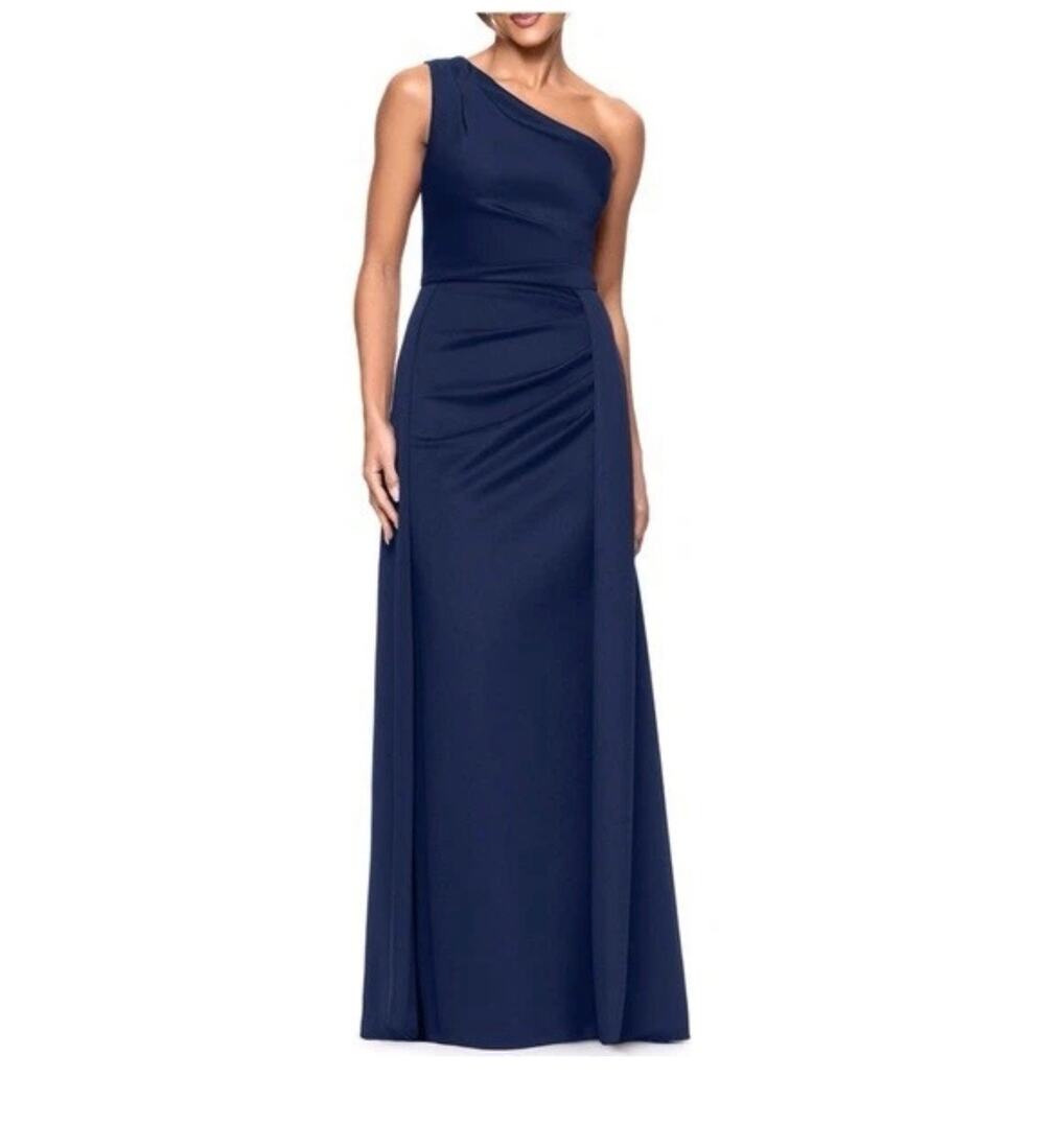 XSCAPE Midnight Blue One-Shoulder Scuba Crepe Gown size 8 (new with tags)